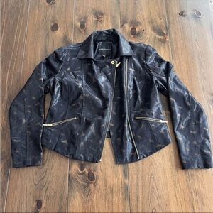 Rock & Republic Black & Gold Faux Leather Textured Print Moto Jacket